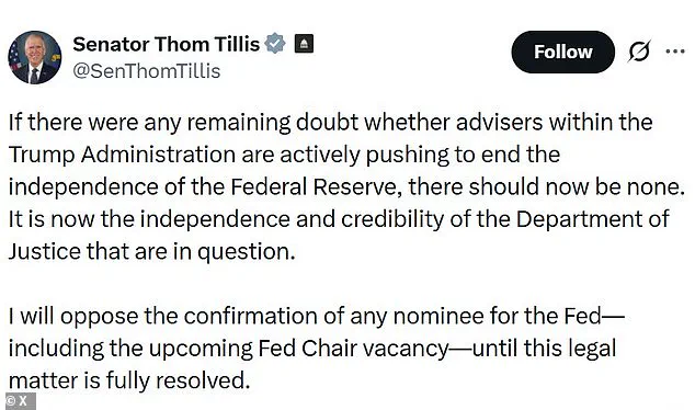 Senator Tillis Warns Trump Probe Threatens Fed Independence, Risks Economic Stability