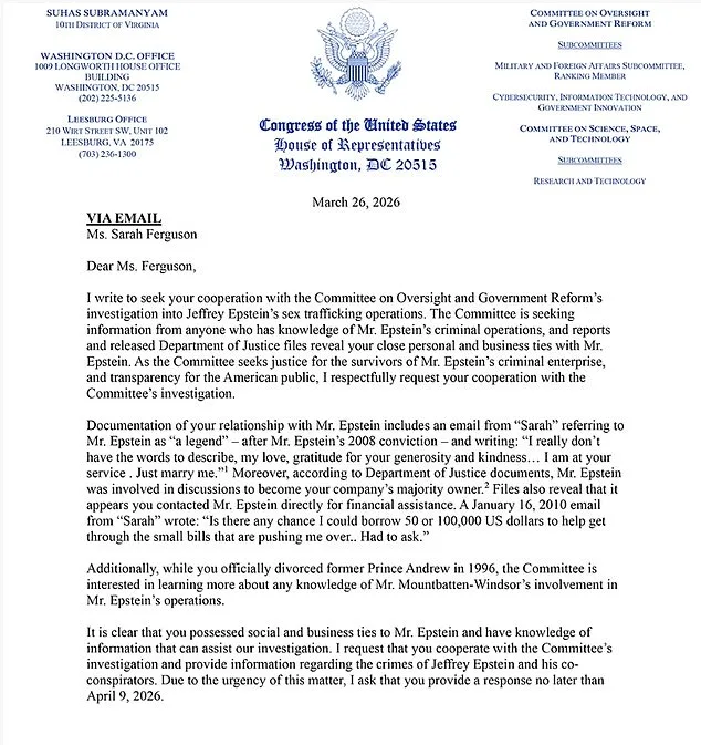 U.S. Congressman Calls for Sarah Ferguson's Testimony in Epstein Case